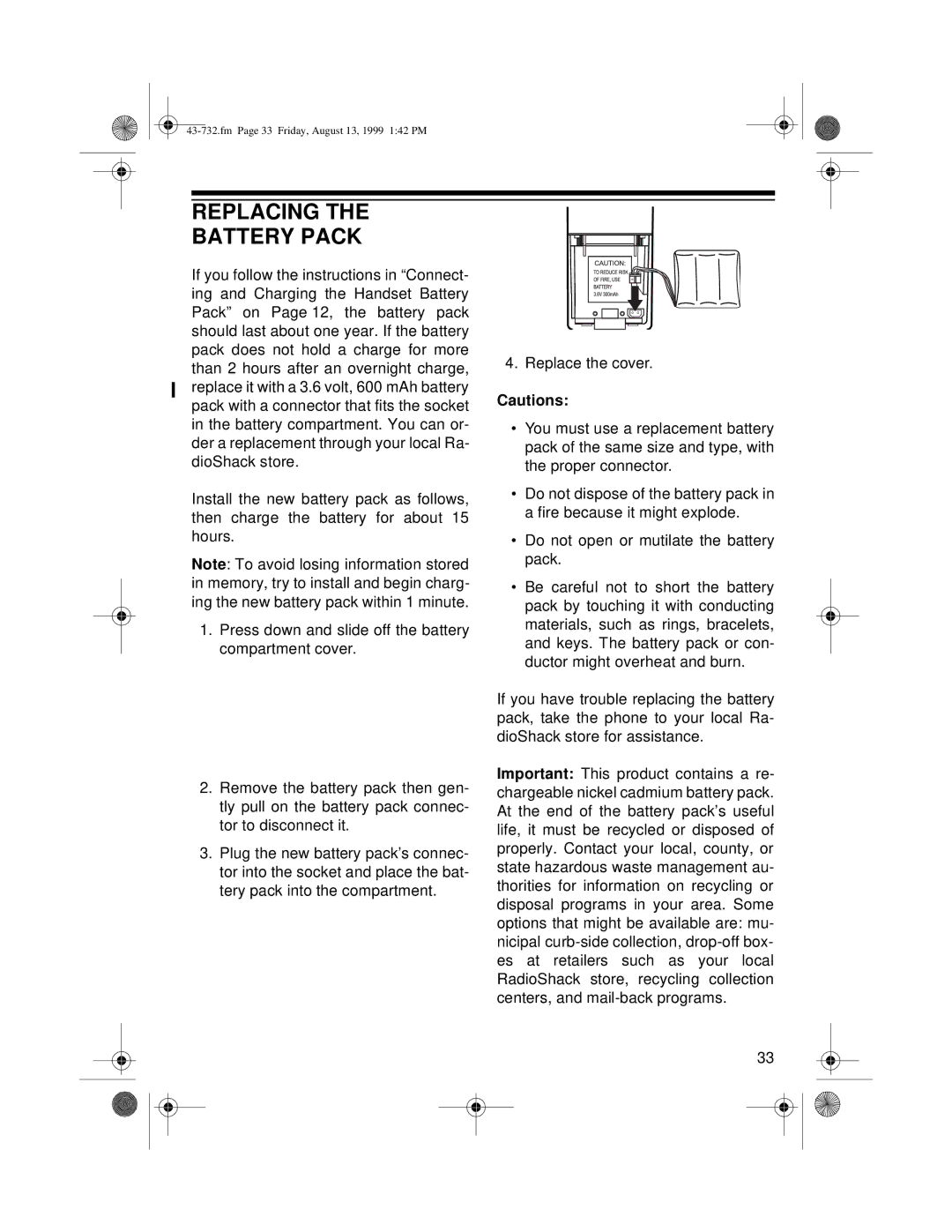 GE TAD-732 owner manual Replacing Battery Pack 