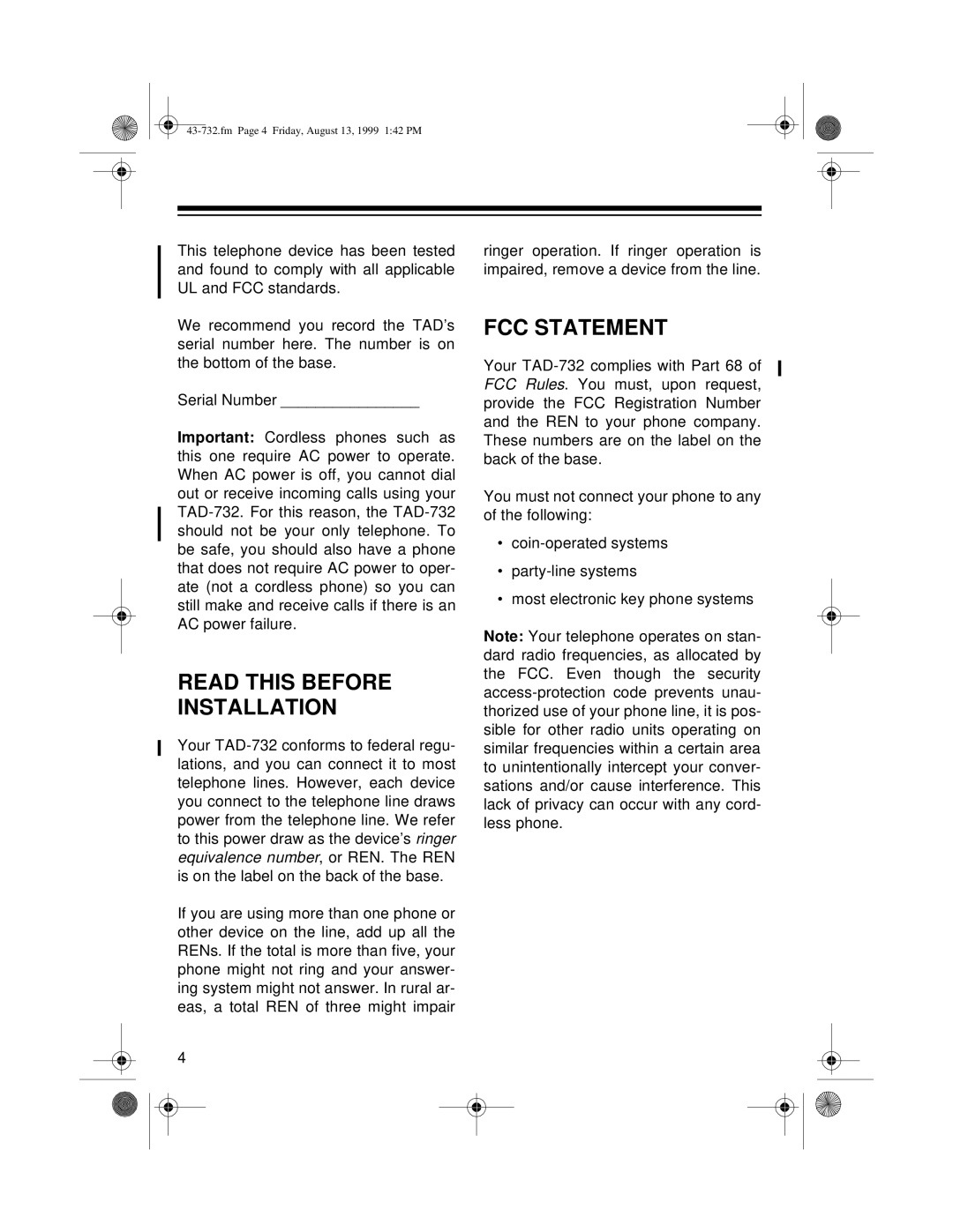 GE TAD-732 owner manual Read this Before Installation, FCC Statement 