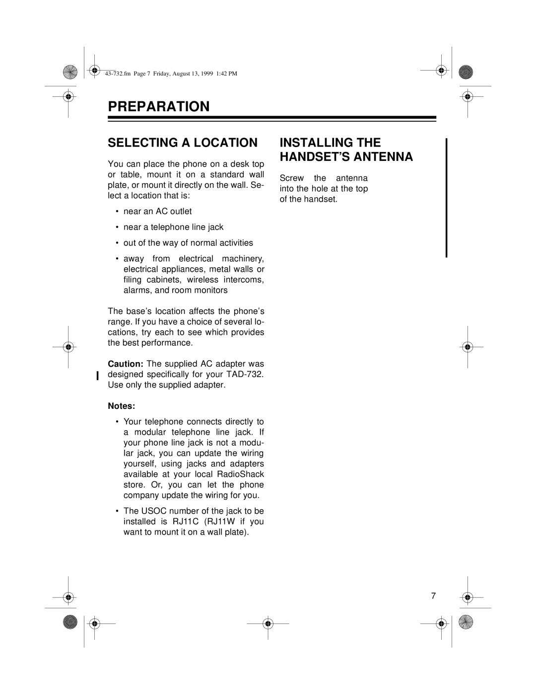 GE TAD-732 owner manual Preparation, Selecting a Location, Installing the HANDSET’S Antenna 