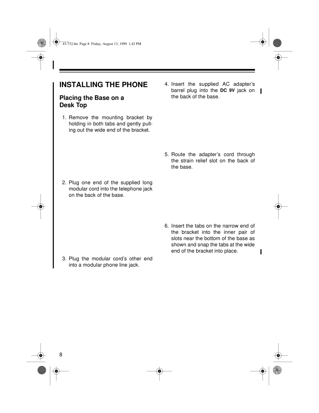 GE TAD-732 owner manual Installing the Phone, Placing the Base on a Desk Top 