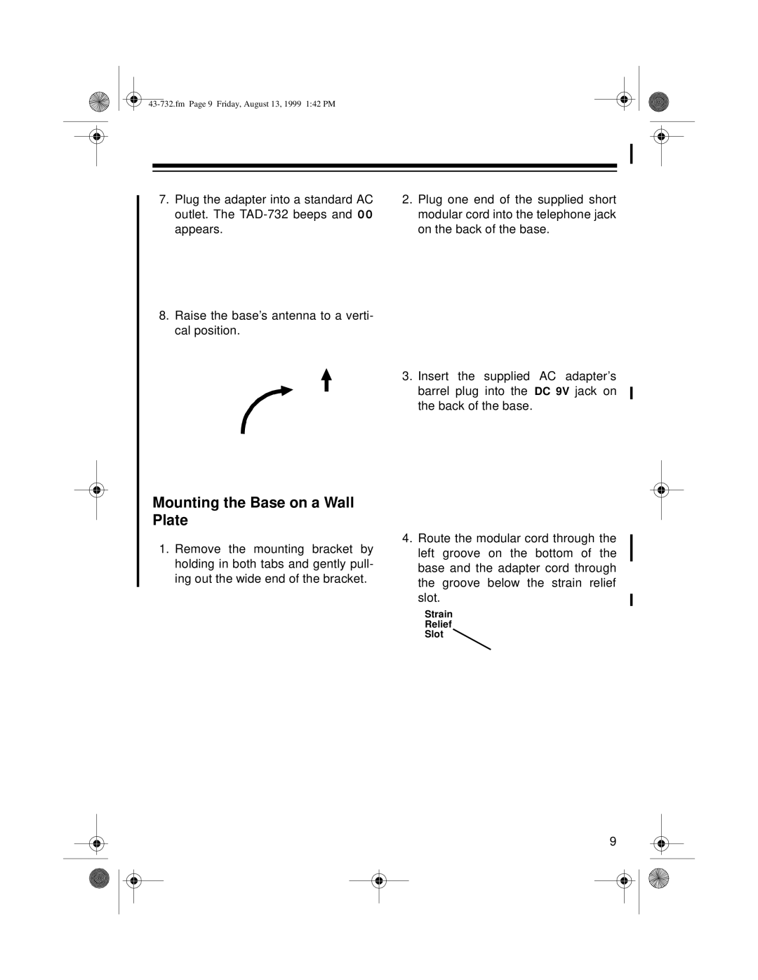 GE TAD-732 owner manual Mounting the Base on a Wall Plate 