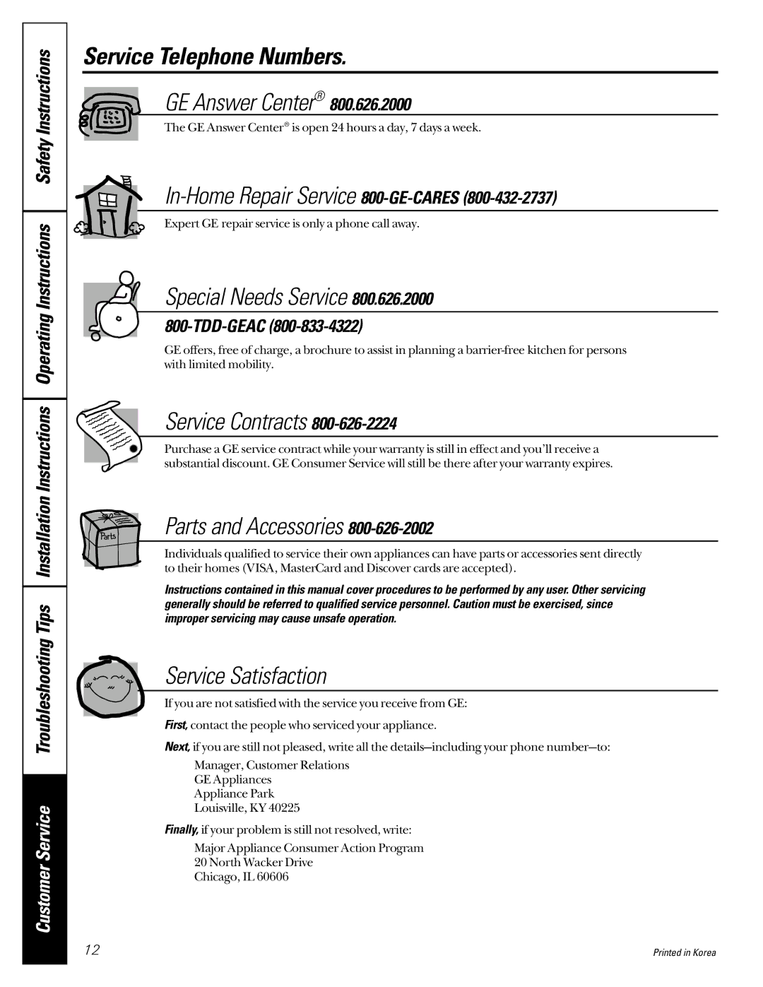 GE TAX2, TAX3 owner manual Service Telephone Numbers 