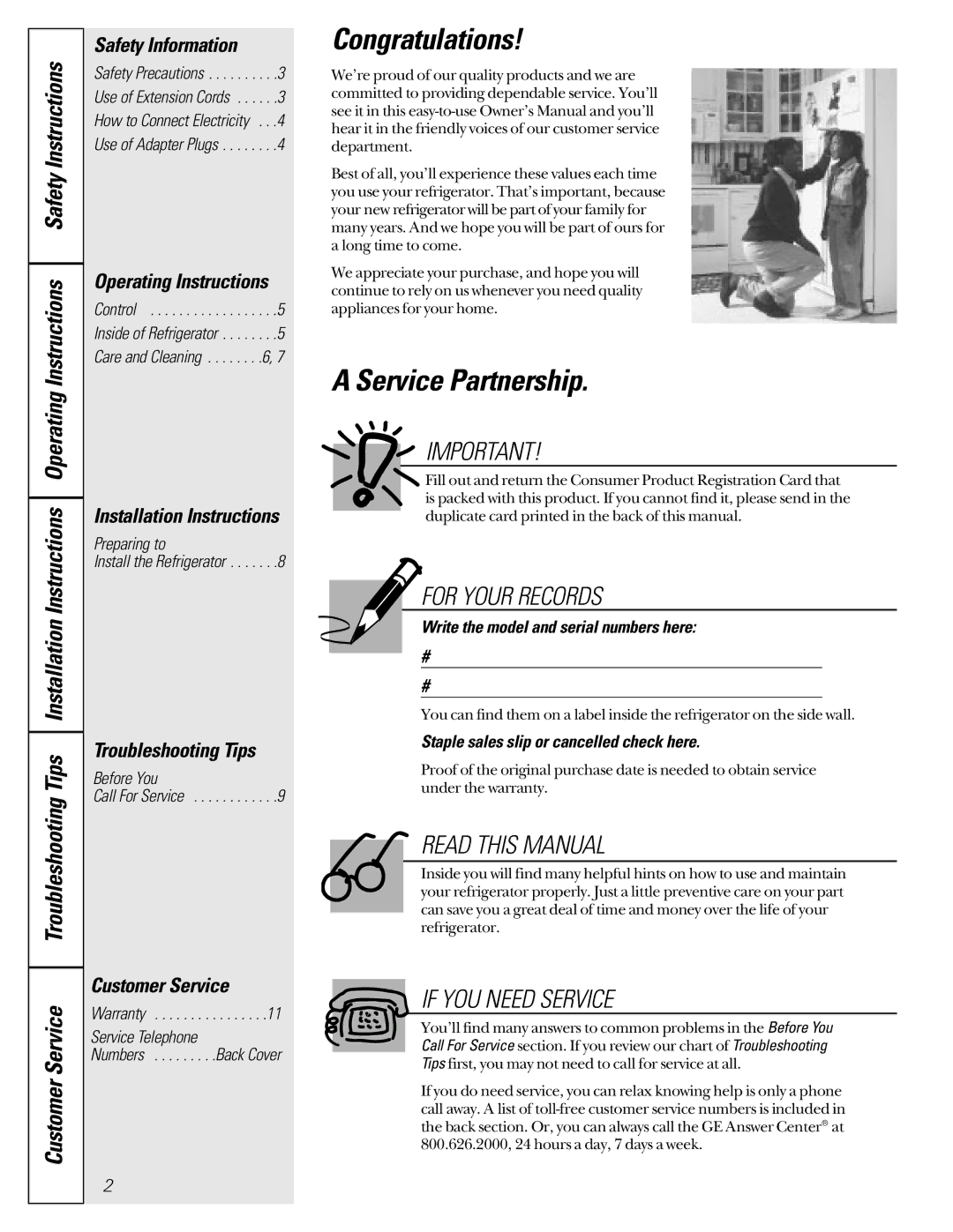 GE TAX2, TAX3 owner manual Congratulations, Service Partnership, Customer Service 