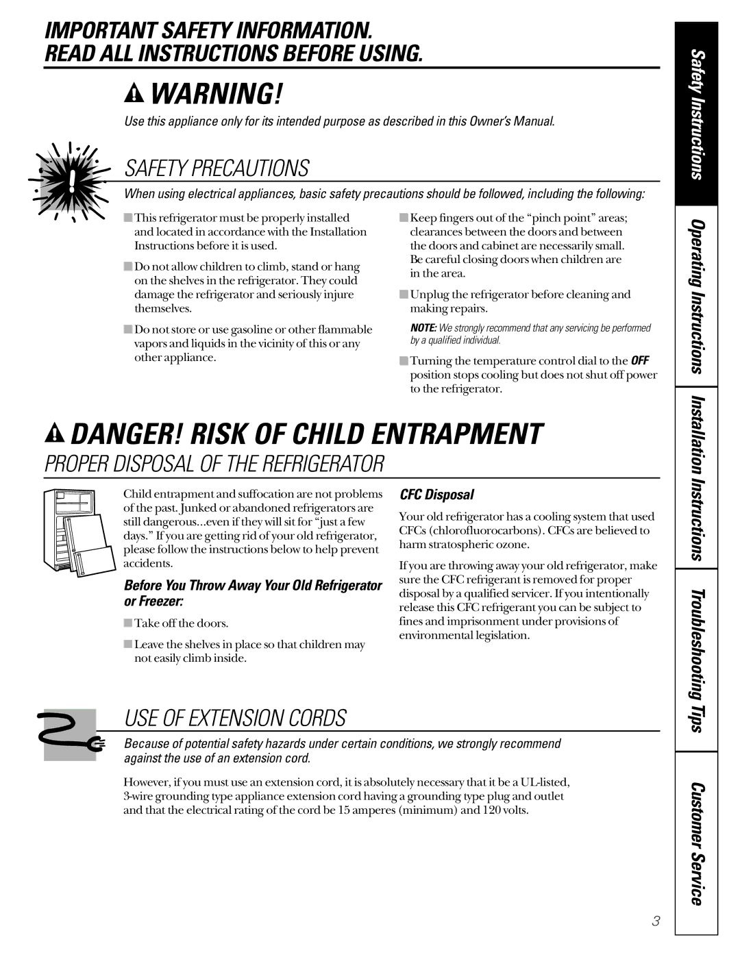 GE TAX3, TAX2 Operating Instructions, Tips Customer Service, Before You Throw Away Your Old Refrigerator or Freezer 