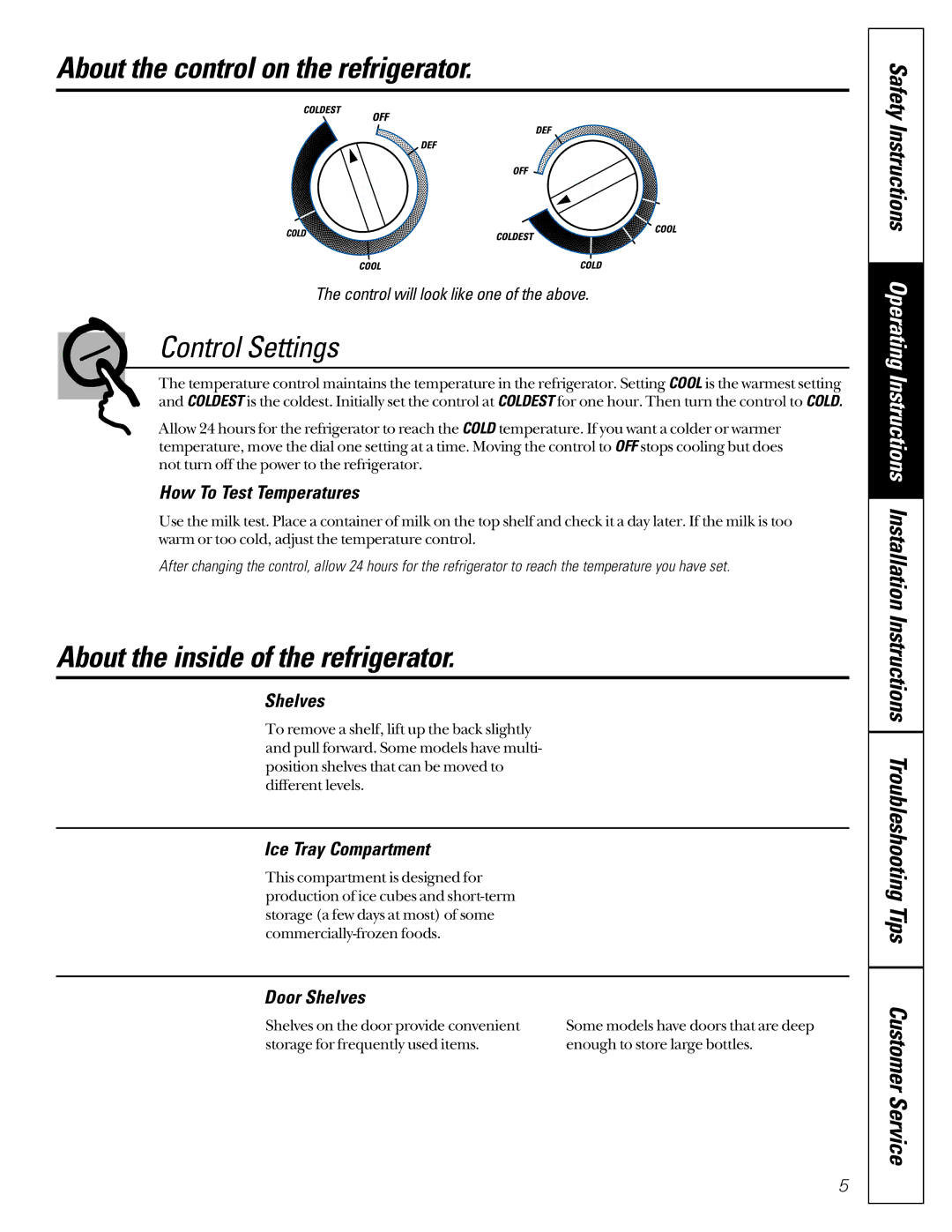 GE TAX3, TAX2 owner manual About the control on the refrigerator, Control Settings, About the inside of the refrigerator 