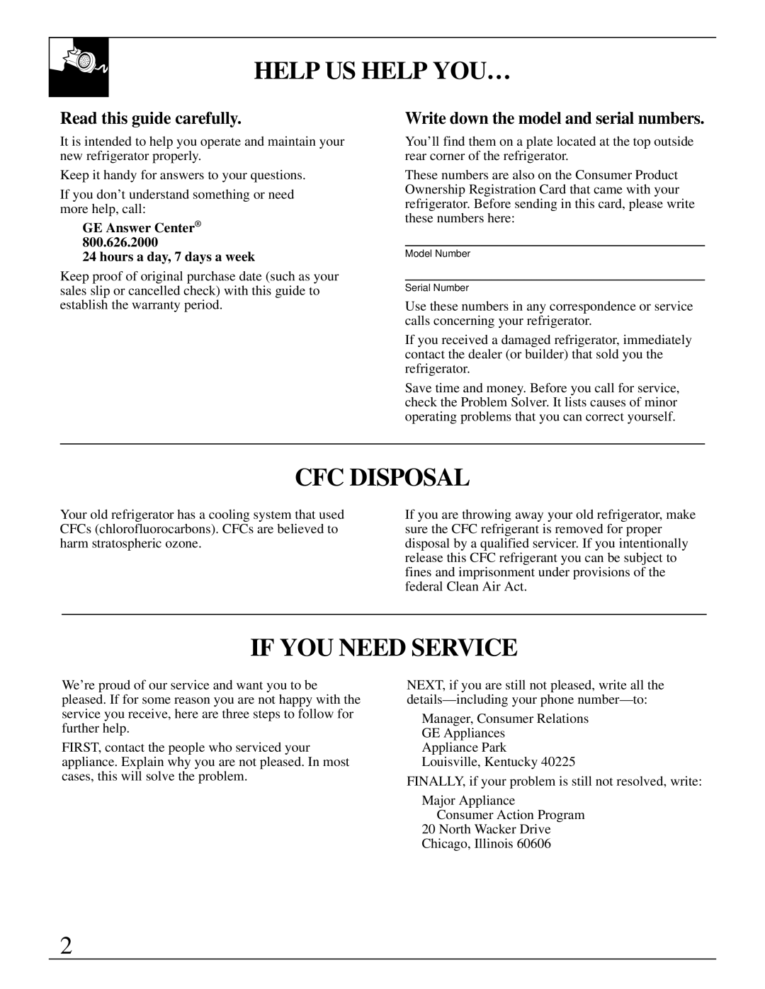 GE TAX4, SC4 warranty Help US Help YOU…, CFC Disposal, If YOU Need Service, Read this guide carefully 