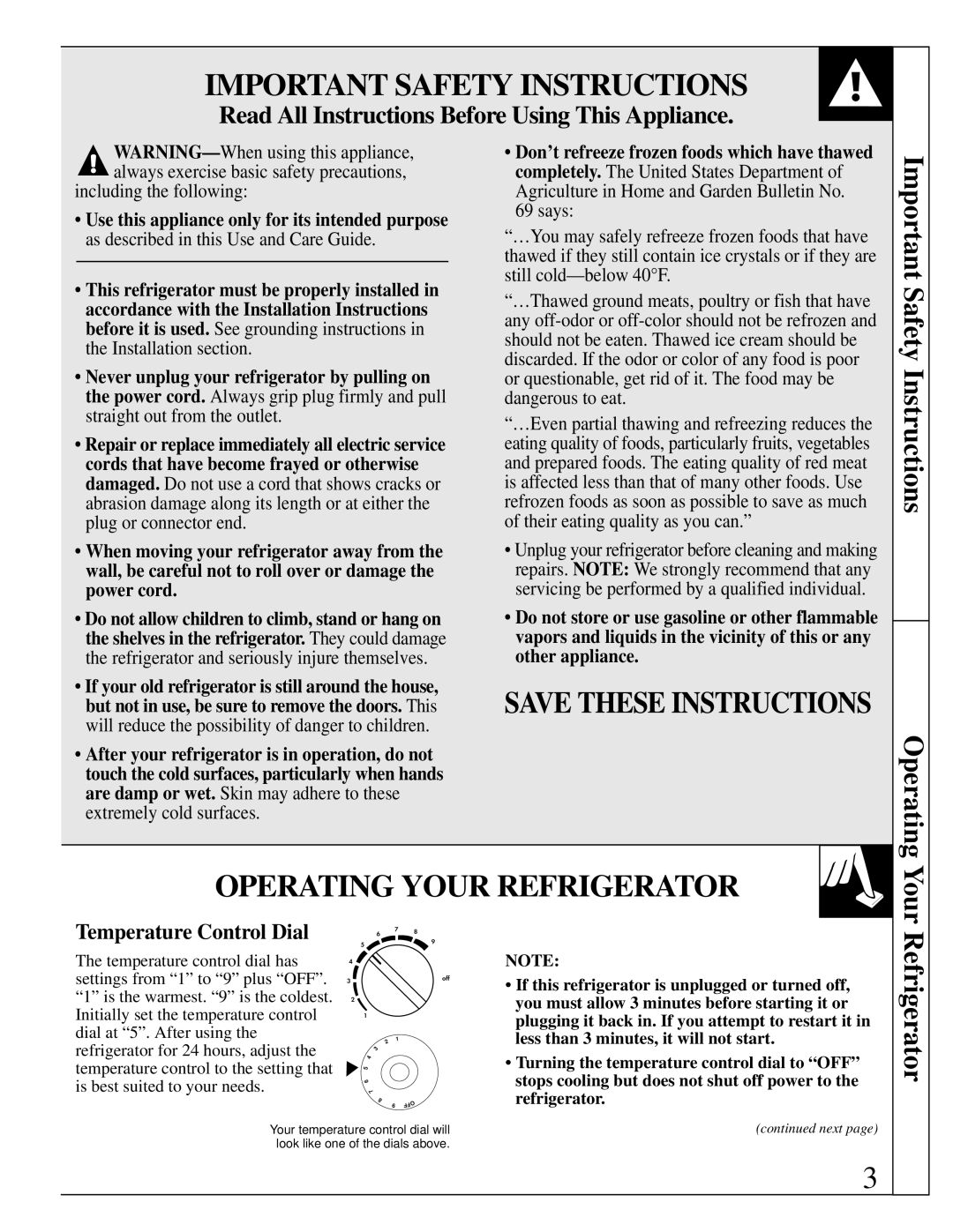 GE SC4, TAX4 warranty Important Safety Instructions, Operating Your Refrigerator, Temperature Control Dial 