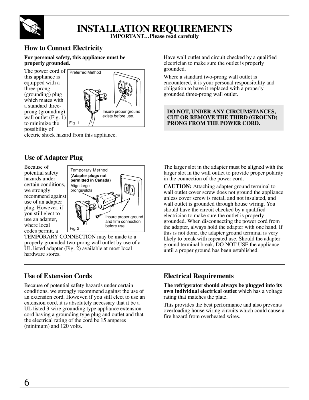 GE TAX4, SC4 warranty Installation Requirements, How to Connect Electricity, Use of Adapter Plug, Use of Extension Cords 