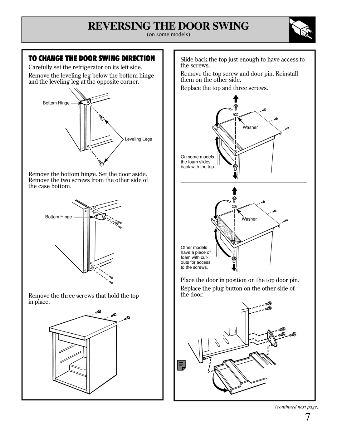 GE SC4, TAX4 warranty Reversing the Door Swing, To Change the Door Swing Direction 