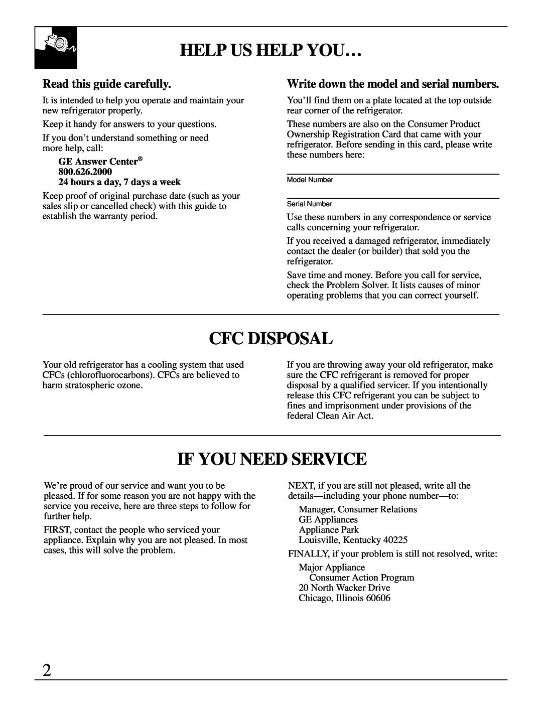 GE TAX4, SC4 warranty Help Us Help You…, Cfc Disposal, If You Need Service, Read this guide carefully 