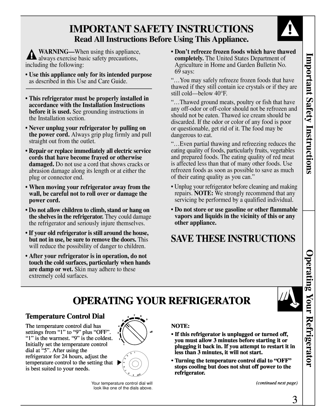 GE SC4, TAX4 Important Safety Instructions, Operating Your Refrigerator, Save These Instructions, Temperature Control Dial 