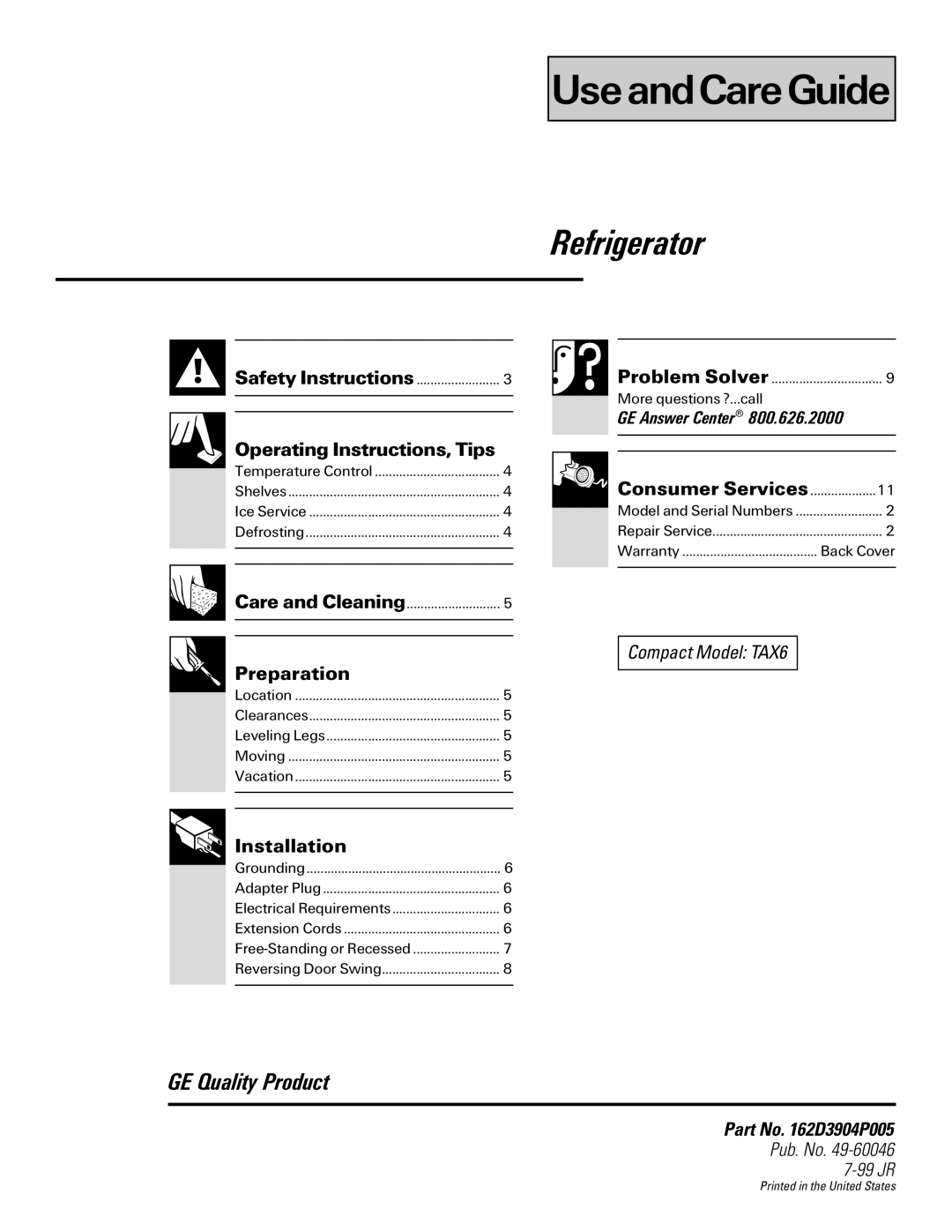 GE 162D3904P005, TAX6 warranty UseandCareGuide 