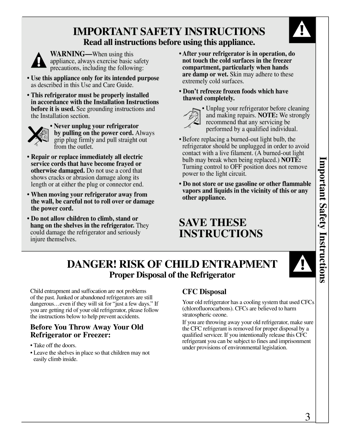 GE 162D3904P005, TAX6 warranty Important Safety Instructions, Save These Instructions, CFC Disposal 