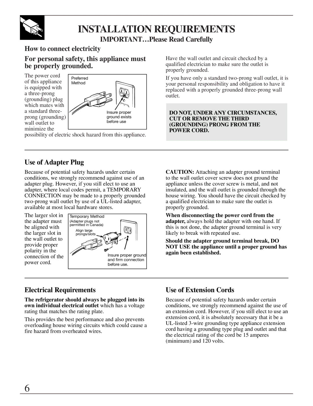 GE TAX6, 162D3904P005 Installation Requirements, Use of Adapter Plug, Electrical Requirements Use of Extension Cords 