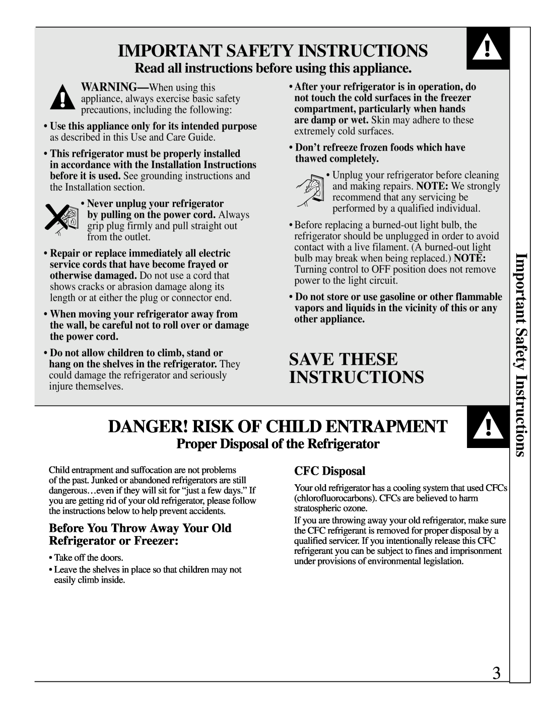 GE 162D3904P005 Important Safety Instructions, Save These Instructions, Danger! Risk Of Child Entrapment, CFC Disposal 