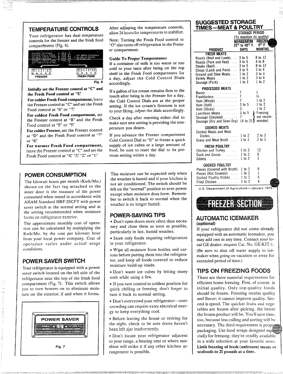 GE TBF21K manual TIMES-MEAT & Poultry, Powerconsumption, Powersaverswitch, Power-Savingtips, Tips on 