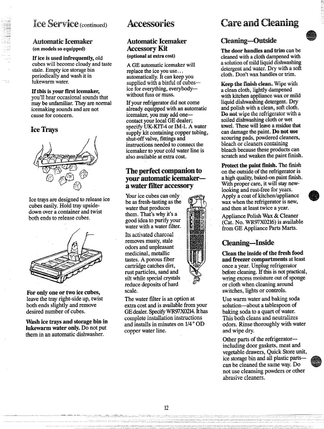 GE TBW25 manual Accessories careandCieatiw, AutimaticIcemaker &cessoryHt, Wter filteraccessory 