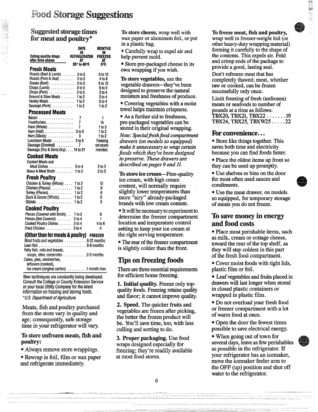 GE TBW25 manual FoodStowe Swestiom, Tosavemoneyin energy md foodCosb, Fresh Meals, To storeutirozen mea~, fish and poultry 