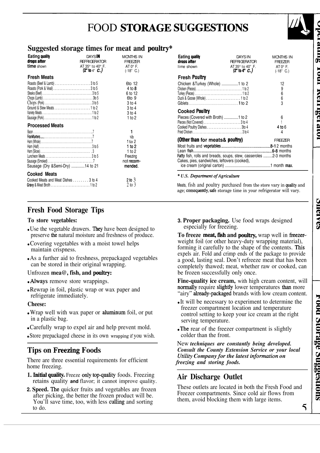 GE TBX10 manual Fresh Food Storage Tips, Tips on Freeting Foods, Air Discharge Outlet 