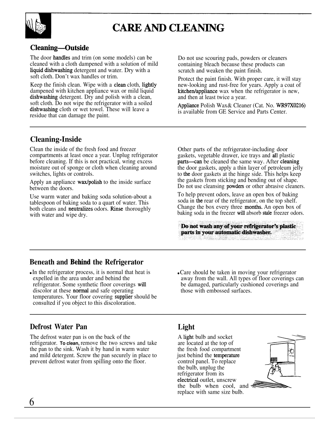 GE TBX10 manual Cleaning-Ou@ide, Cleaning-Inside, Beneath and Behd the Refrigerator, Defrost Water Pan, Light 