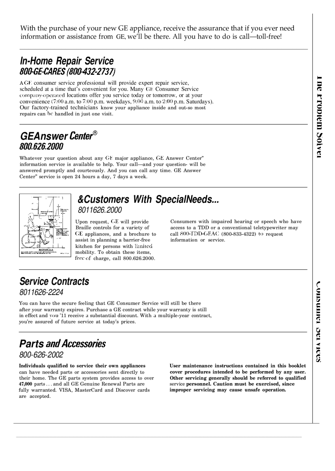 GE TBX12 operating instructions In-Home Repair Service 