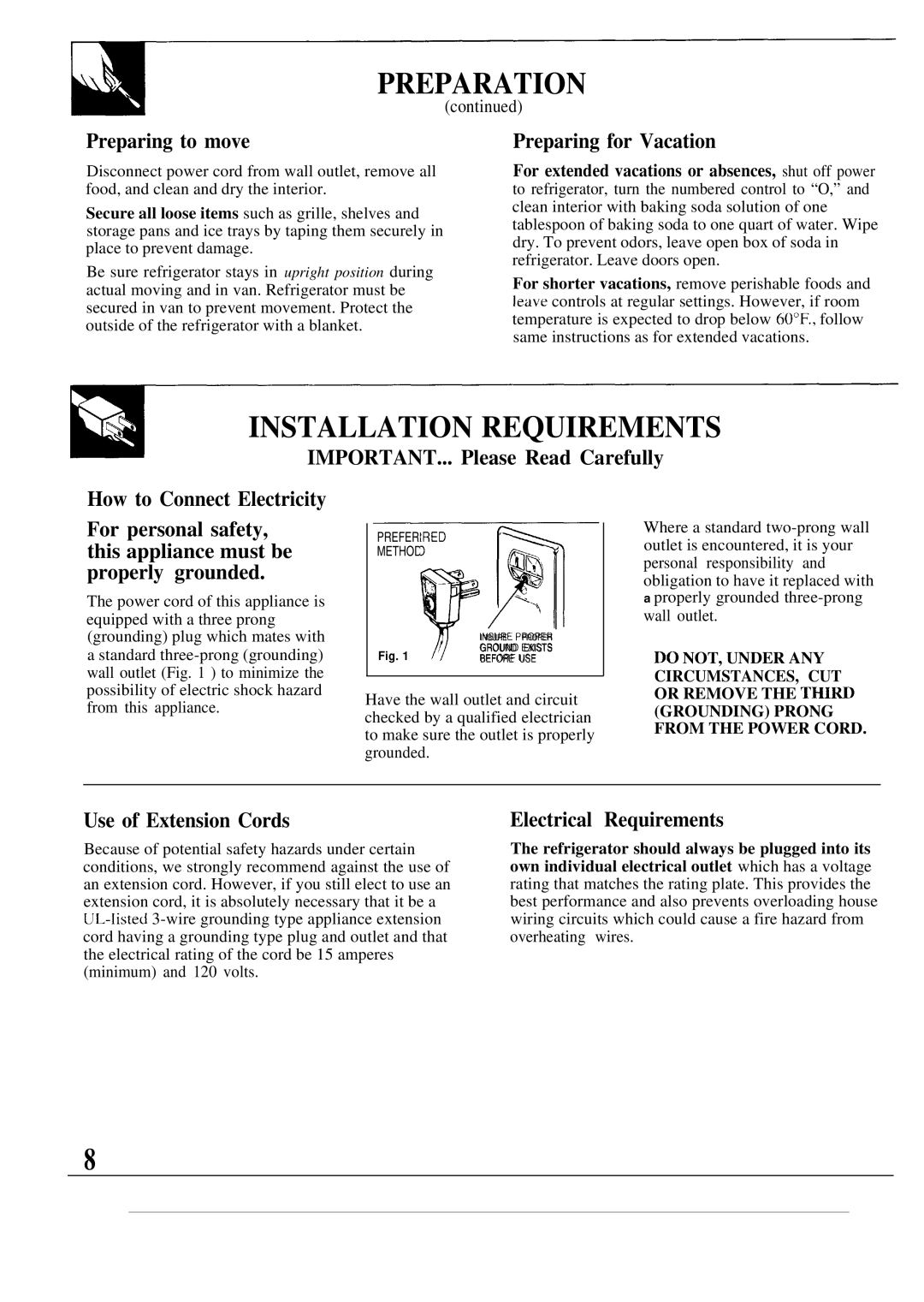 GE TBX12 Installation Requirements, Preparing to move, Preparing for Vacation, Use of Extension Cords 