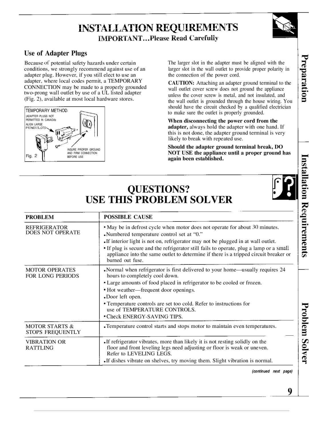 GE TBX12 operating instructions QUESTIONS? USE this Problem Solver, Use of Adapter Plugs 