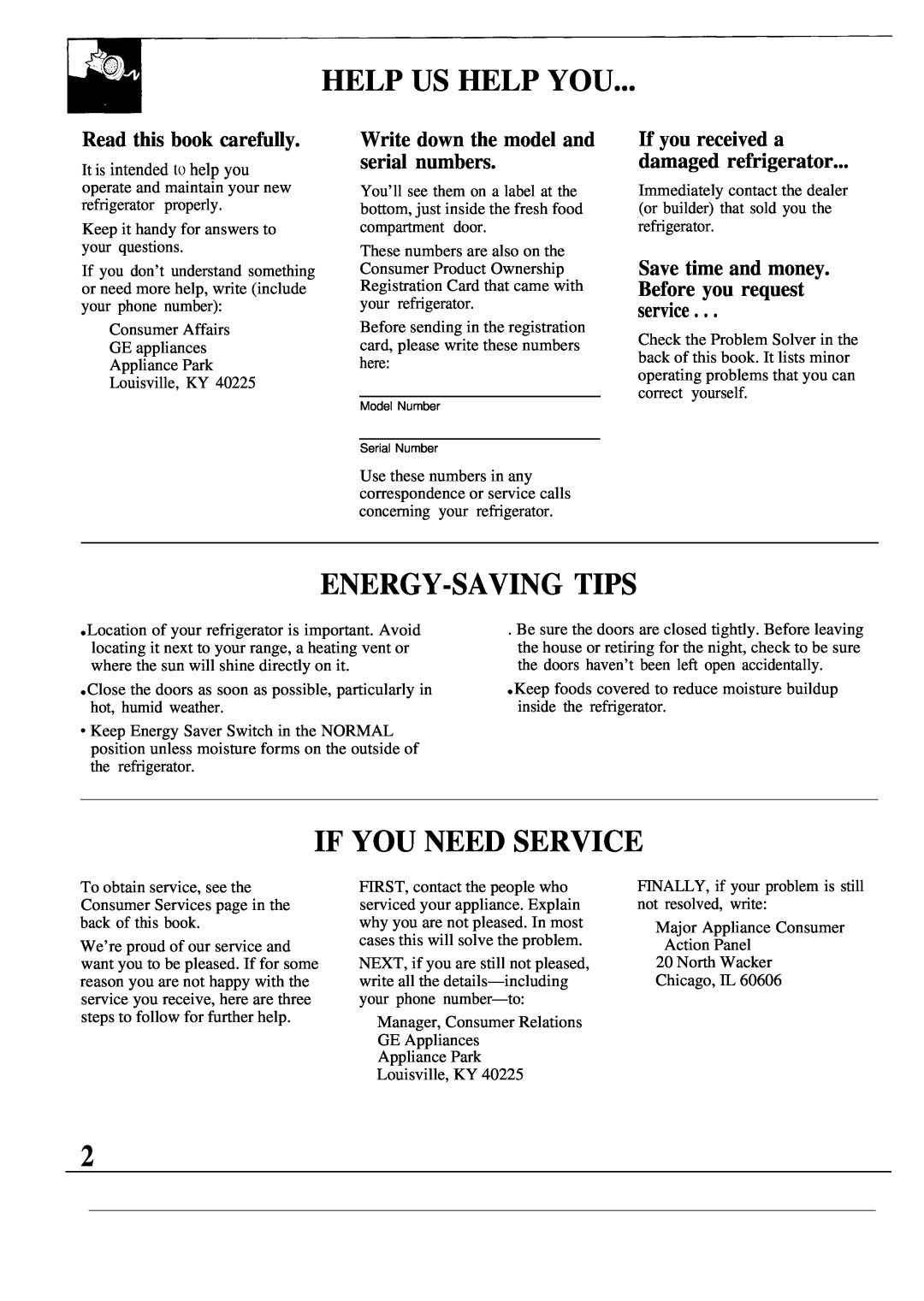GE TBX12 operating instructions Help Us Help You, Energy-Saving Tips, If You Need Service, Read this book carefully 