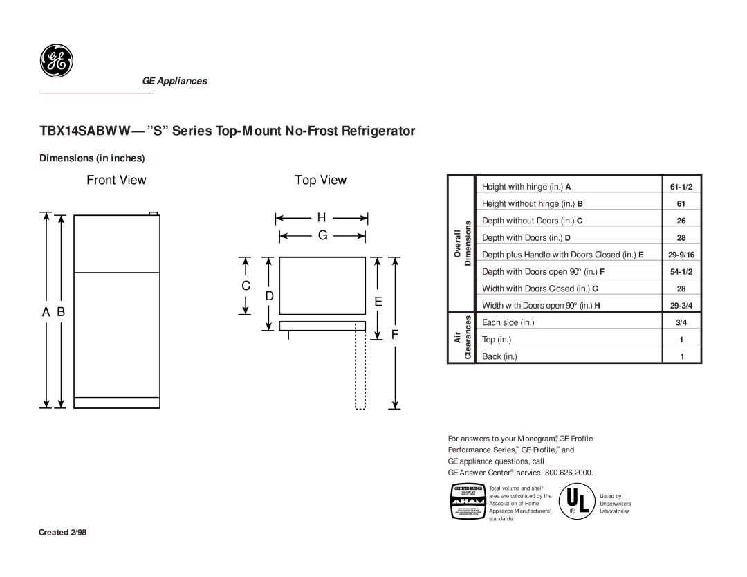 GE TBX14SABAA dimensions TBX14SABWW-S Series Top-Mount No-Frost Refrigerator, Front View Top View, Each side Air Top Back 