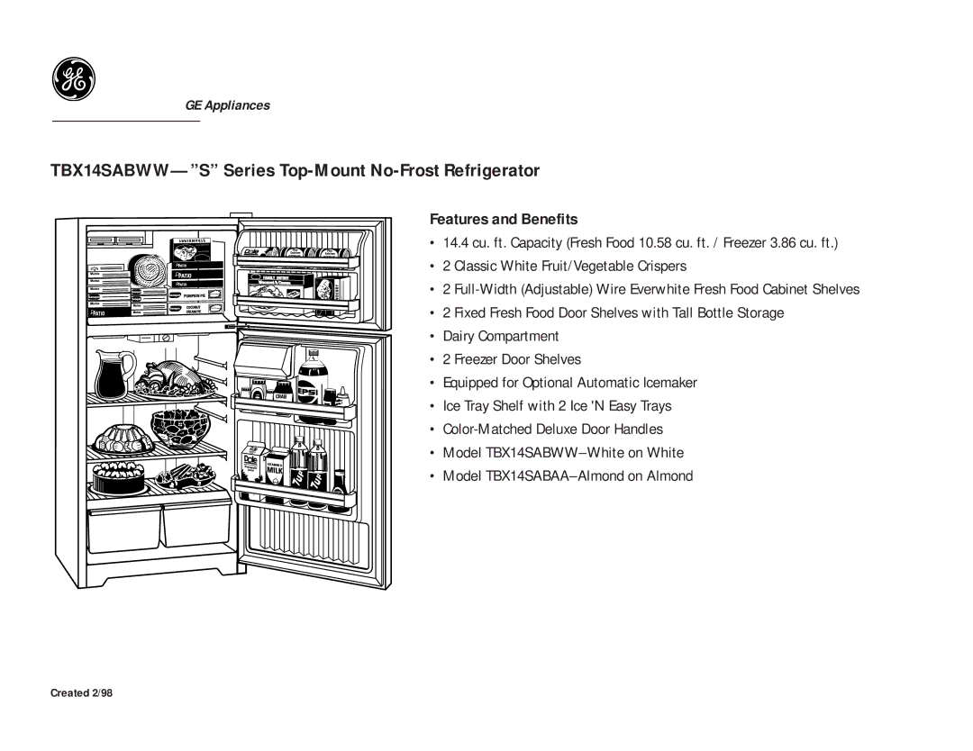 GE TBX14SABWW, TBX14SABAA dimensions Features and Benefits 