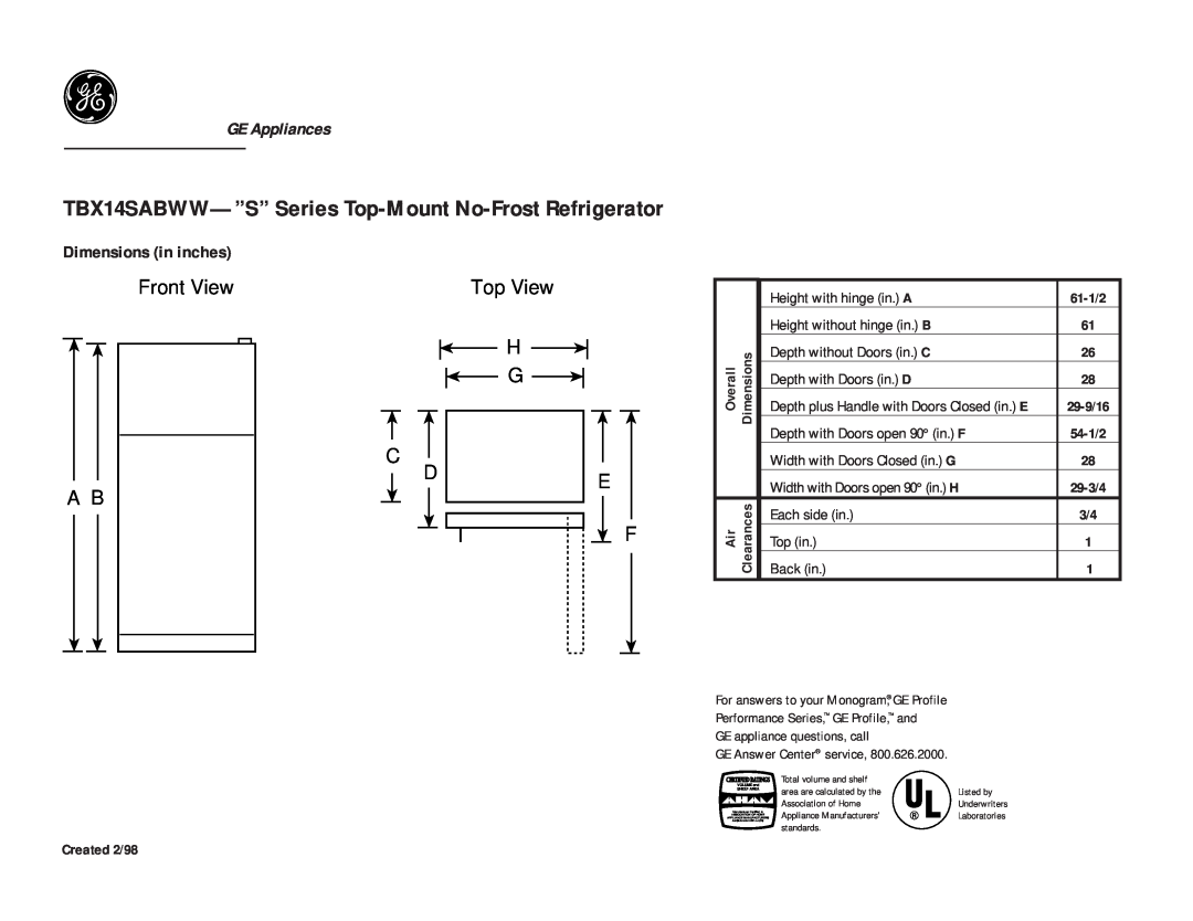 GE TBX14SABAA, TBX14SABWW dimensions Front View A B, Top View H G C, GE Appliances, Dimensions in inches 