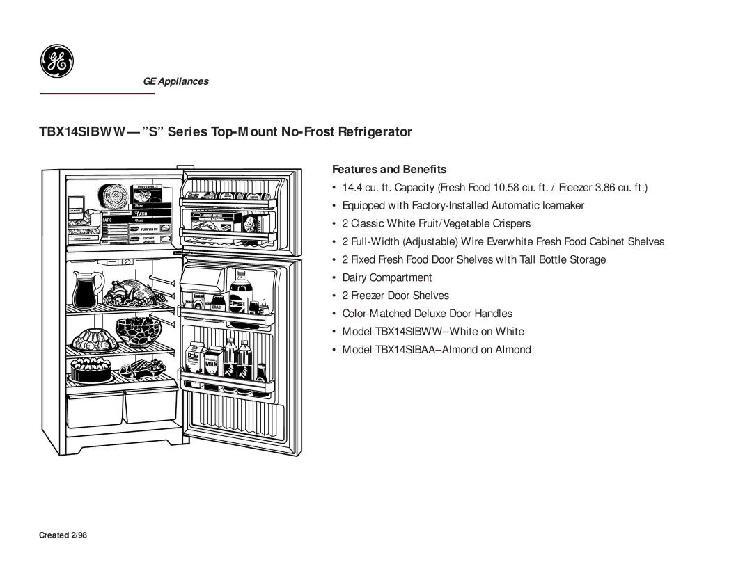 GE TBX14SIBAA, TBX14SIBWW dimensions Features and Benefits 