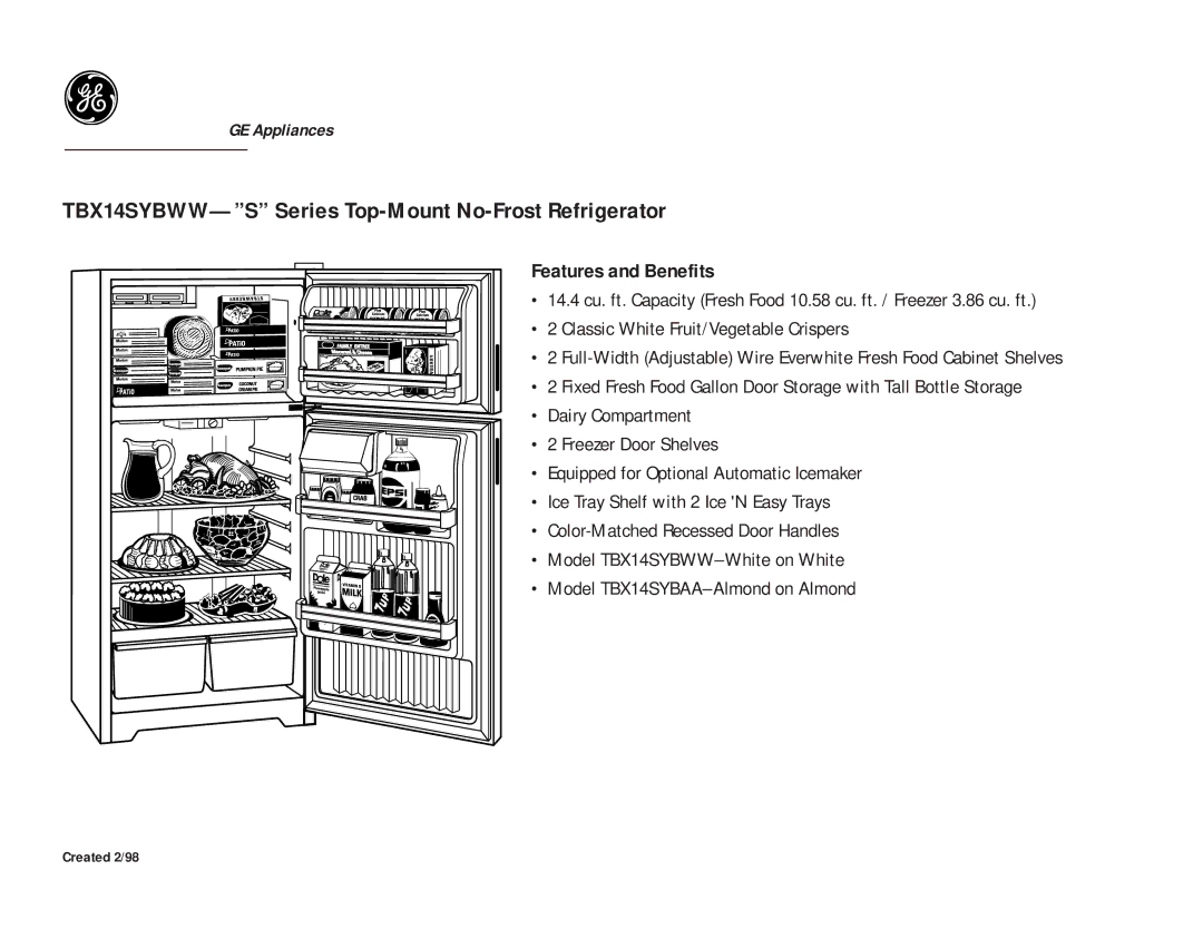 GE TBX14SYBWW dimensions Features and Benefits 