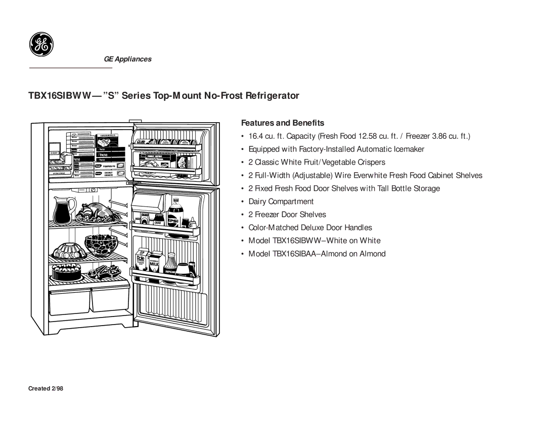 GE TBX16SIBAA, TBX16SIBWW dimensions Features and Benefits 