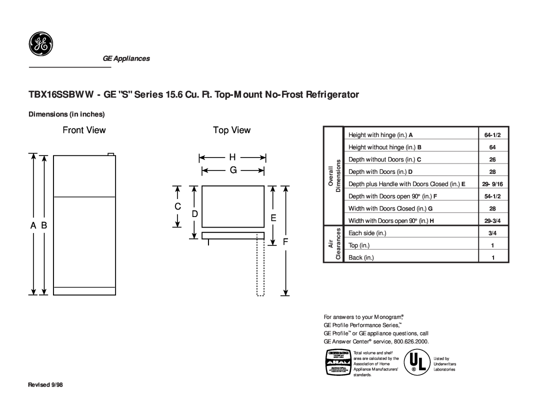 GE TBX16SSBAA, TBX16SSBWW dimensions Front View A B, Top View H G C, GE Appliances, Dimensions in inches 