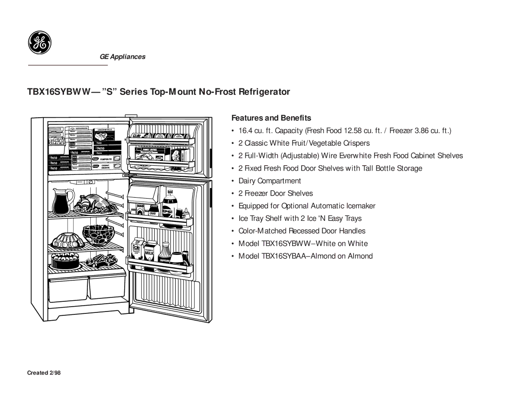 GE TBX16SYBWW, TBX16SYBAA dimensions Features and Benefits 