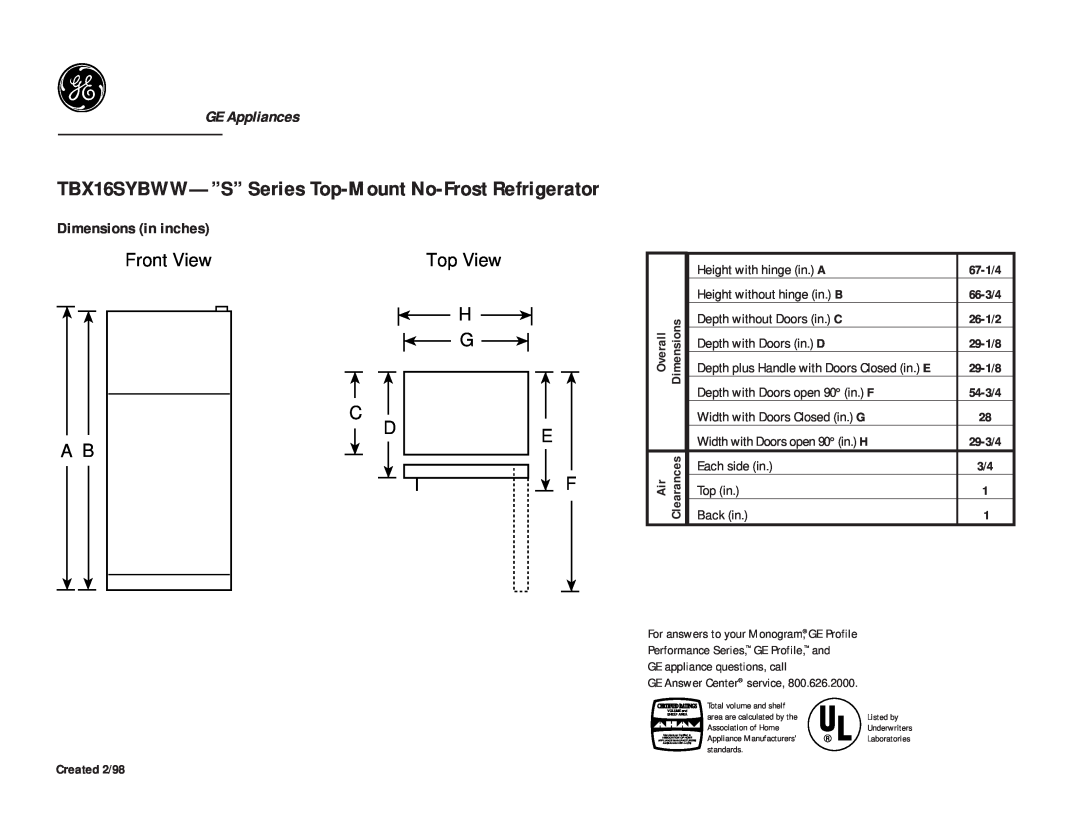 GE TBX16SYBAA, TBX16SYBWW dimensions Front View A B, Top View H G C, GE Appliances, Dimensions in inches 