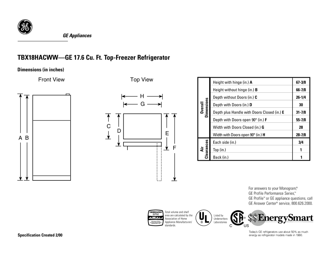 GE TBX18HACAA dimensions TBX18HACWW-GE 17.6 Cu. Ft. Top-Freezer Refrigerator, Front View Top View 