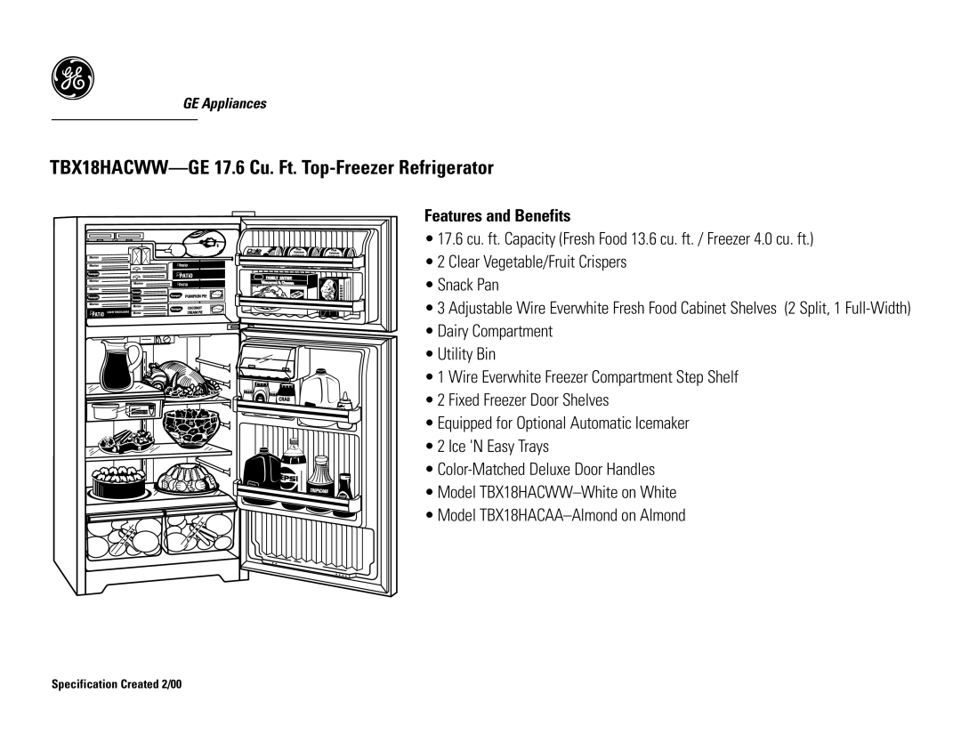 GE TBX18HACAA, TBX18HACWW dimensions Features and Benefits 