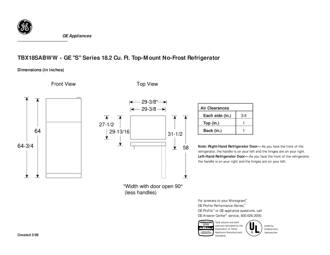 GE TBX18SABAA, TBX18SABWW dimensions 64-3/4, Air Clearances Each side Top Back, Created 2/99 