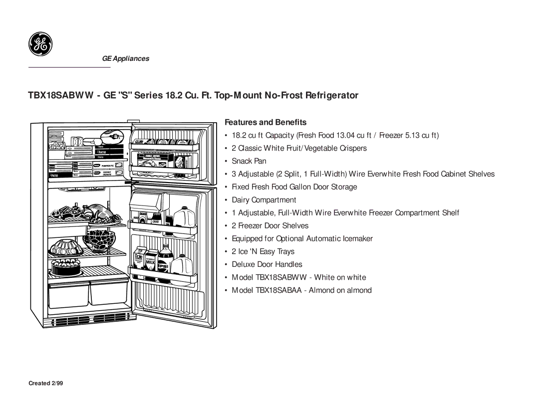 GE TBX18SABWW, TBX18SABAA dimensions Features and Benefits 