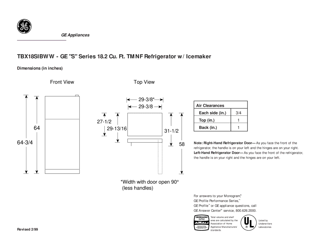 GE TBX18SIBWW, TBX18SIBAA dimensions 64-3/4, Air Clearances Each side Top Back, Revised 2/99 