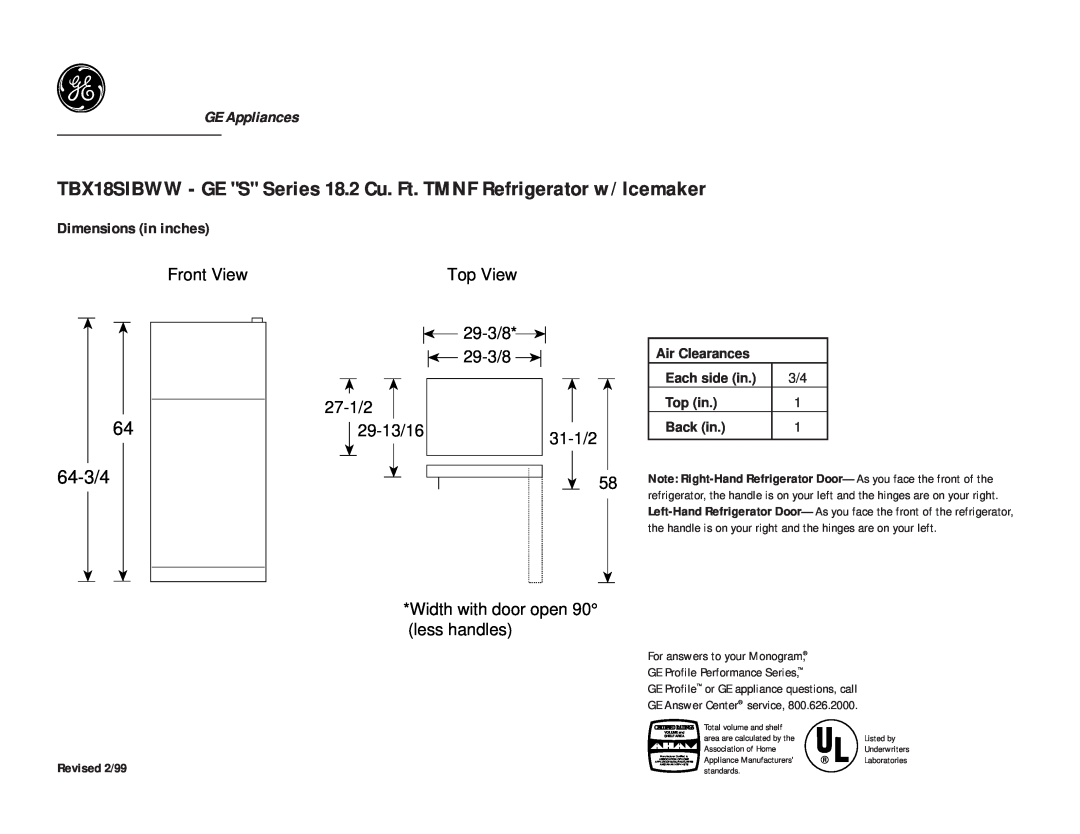 GE TBX18SIBWW dimensions 64 64-3/4, GE Appliances, Dimensions in inches, Front View, Top View, 29-3/8, 27-1/2, 29-13/16 