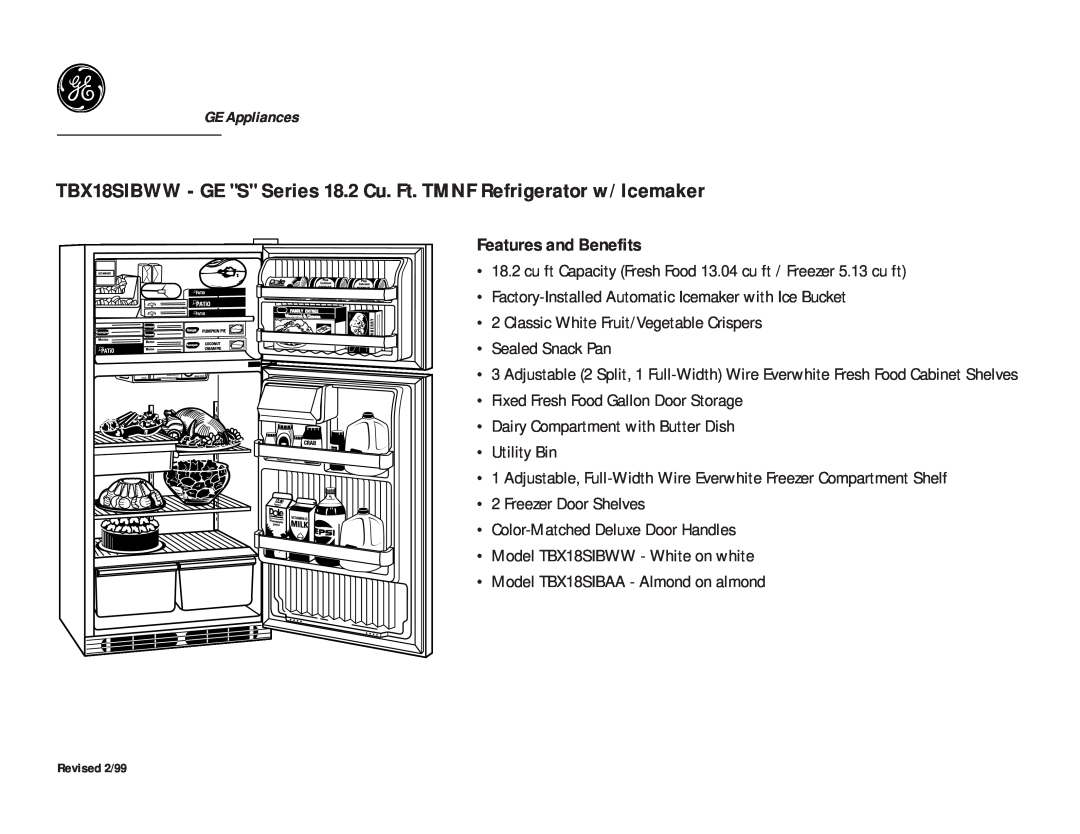 GE TBX18SIBAA, TBX18SIBWW dimensions Features and Benefits 