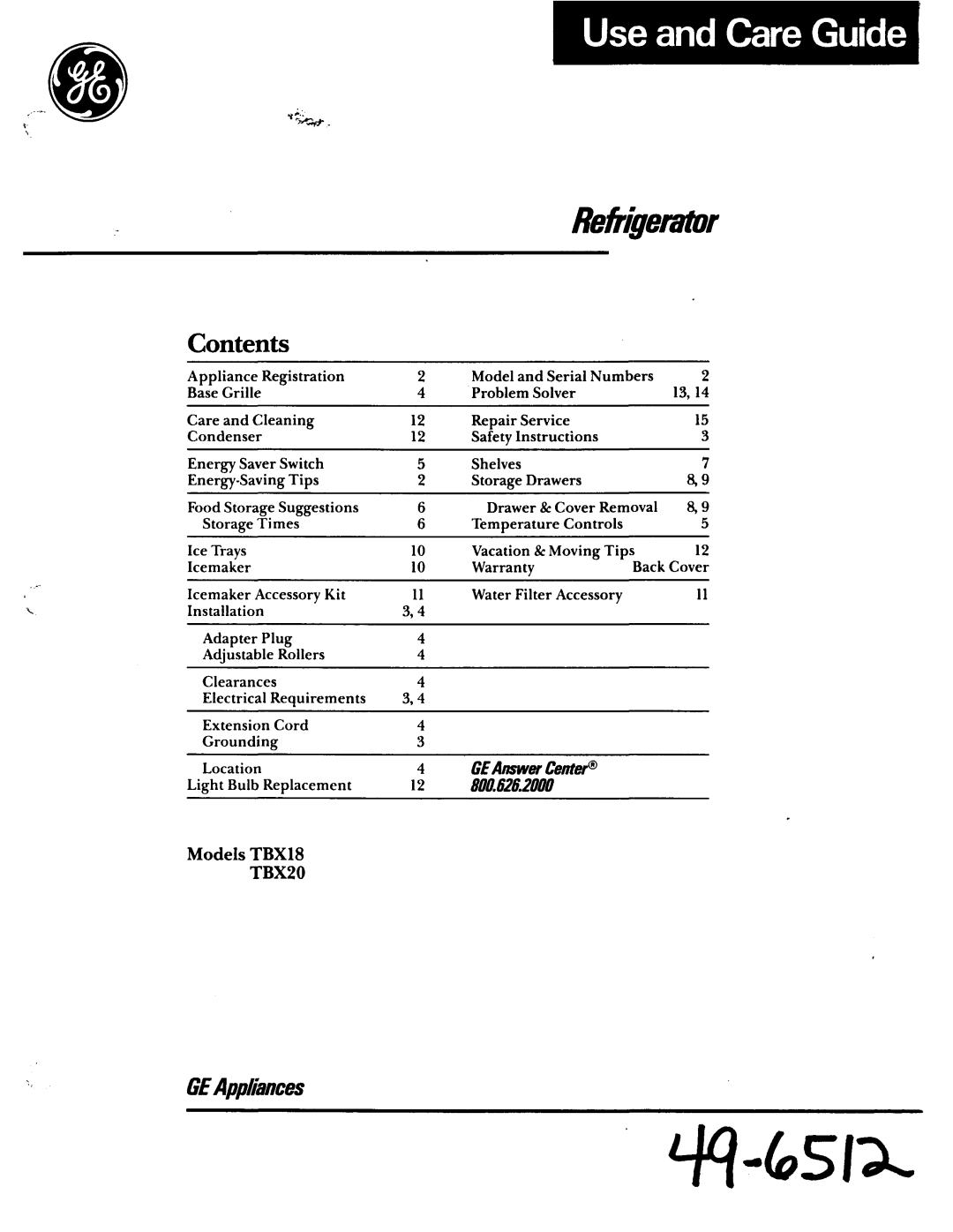 GE TBX18, TBX20 manual Contents 