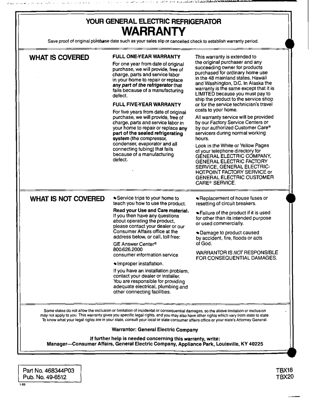 GE TBX20, TBX18 manual Warranty 