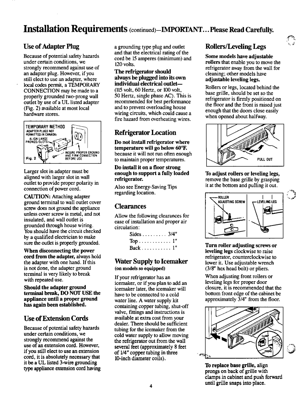 GE TBX20, TBX18 Use of Extension Cords, Refrigerator Location, Clearances, Water Supply to Icemaker, Rollers/Leveling Legs 