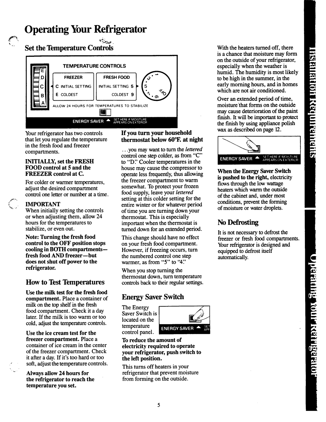 GE TBX18, TBX20 Operating Your Refrigerator, Set the Temperature Controls, How to Test Temperatures, Energy Saver Switch 