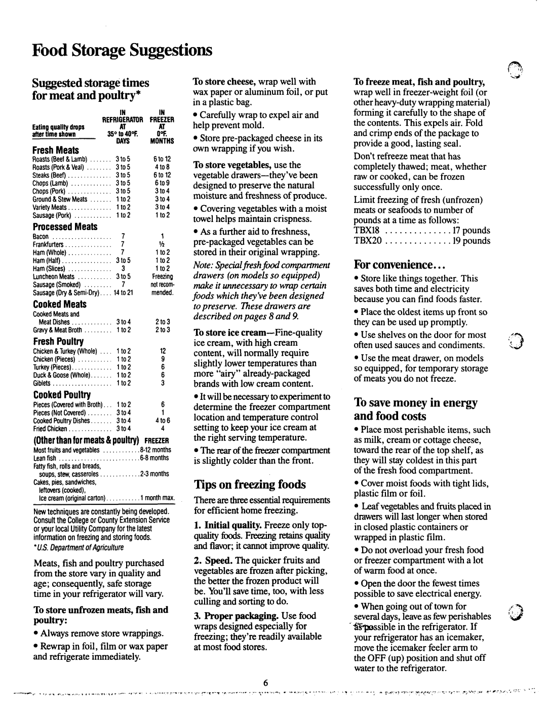 GE TBX20, TBX18 manual Food Storage Suggestions 