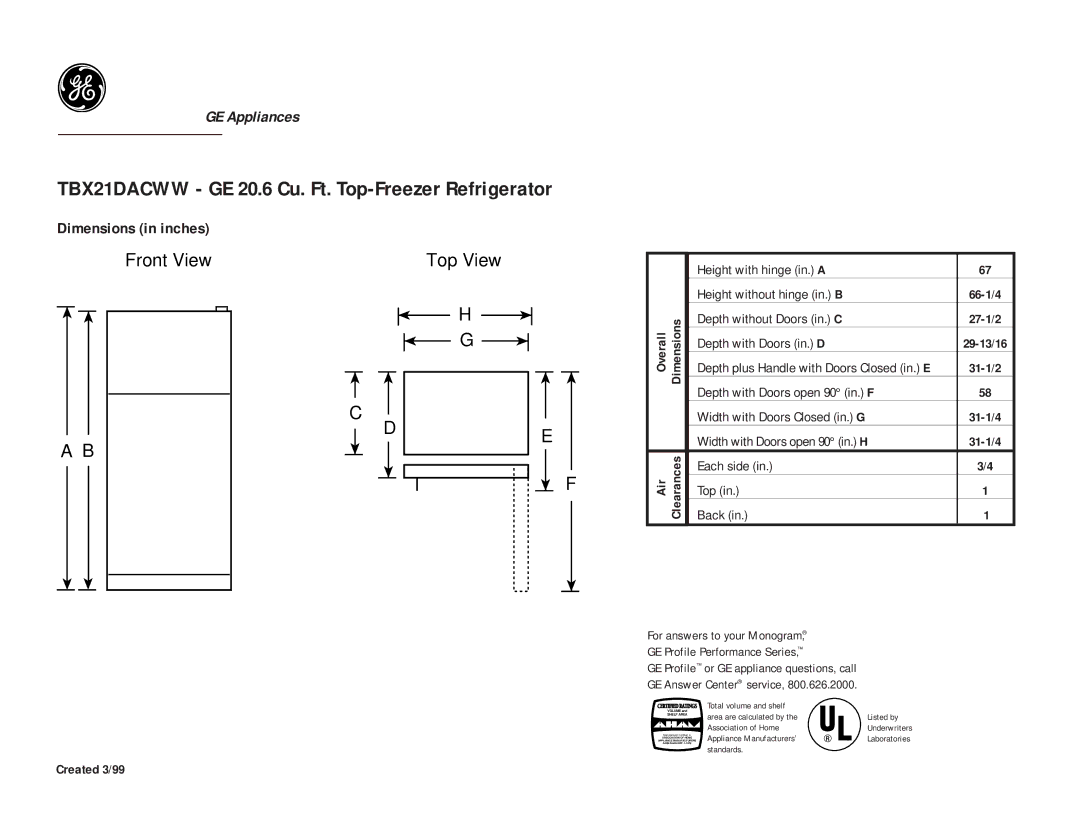 GE TBX21DACAA dimensions TBX21DACWW GE 20.6 Cu. Ft. Top-Freezer Refrigerator, Front View Top View 